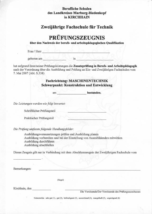 Abschlusszeugnis der Fachschule